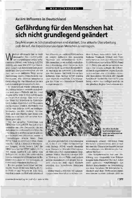 Vorschauseite 1: Aviäre Influenza in DeutschlandGefährdung für den Menschen hat sich nicht grundlegend geändert