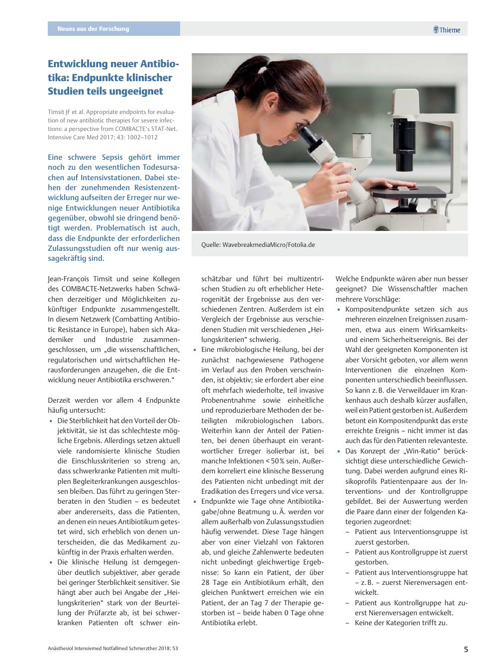 Vorschauseite 1: Entwicklung neuer Antibiotika: Endpunkte klinischer Studien teils ungeeignet