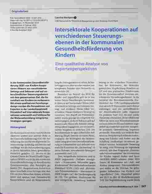 Vorschauseite 1: Intersektorale Kooperationen auf verschiedenen Steuerungsebenen in der kommunalen Gesundheitsförderung von Kindern. Eine qualitative Analyse von Expertenperspektiven.
