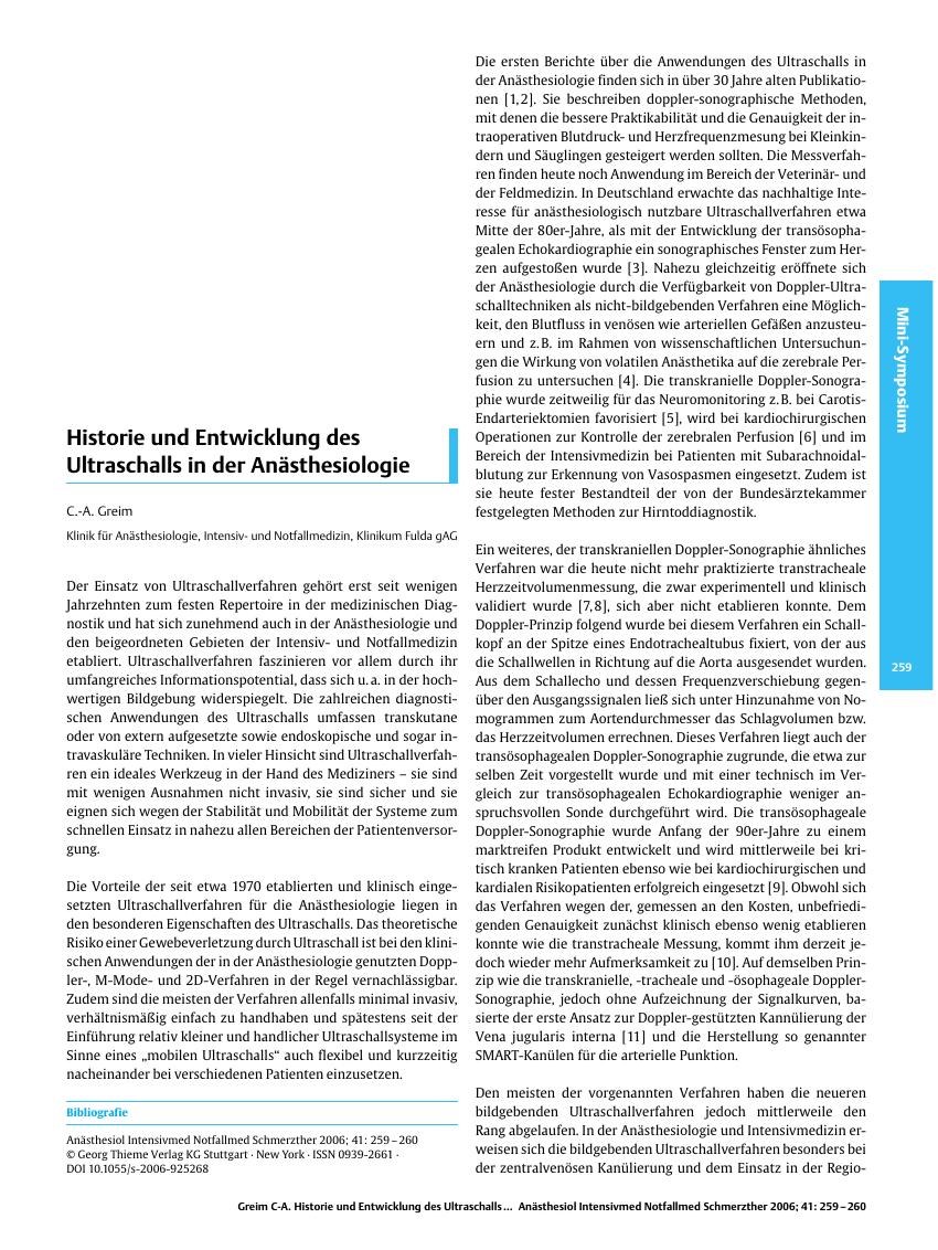 Vorschauseite 1: Historie und Entwicklung des Ultraschalls in der Anästhesiologie