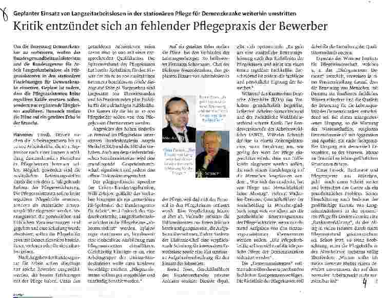 Vorschauseite 1: Kritik entzündet sich an fehlender Pflegepraxis der Bewerber
