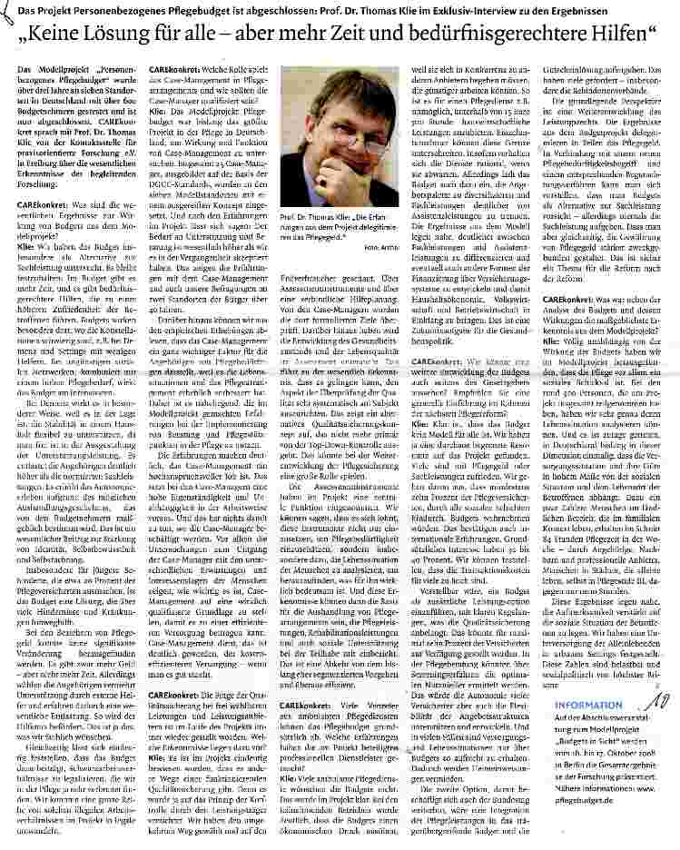 Vorschauseite 1: Das Projekt Personenbezogenes Pflegebudget ist abgeschlossen: Prof. Dr. Thomas Klie im Exklusiv-Interview zu den Ergebnissen„Keine Lösung für alle - aber mehr Zeit und bedürfnisge…