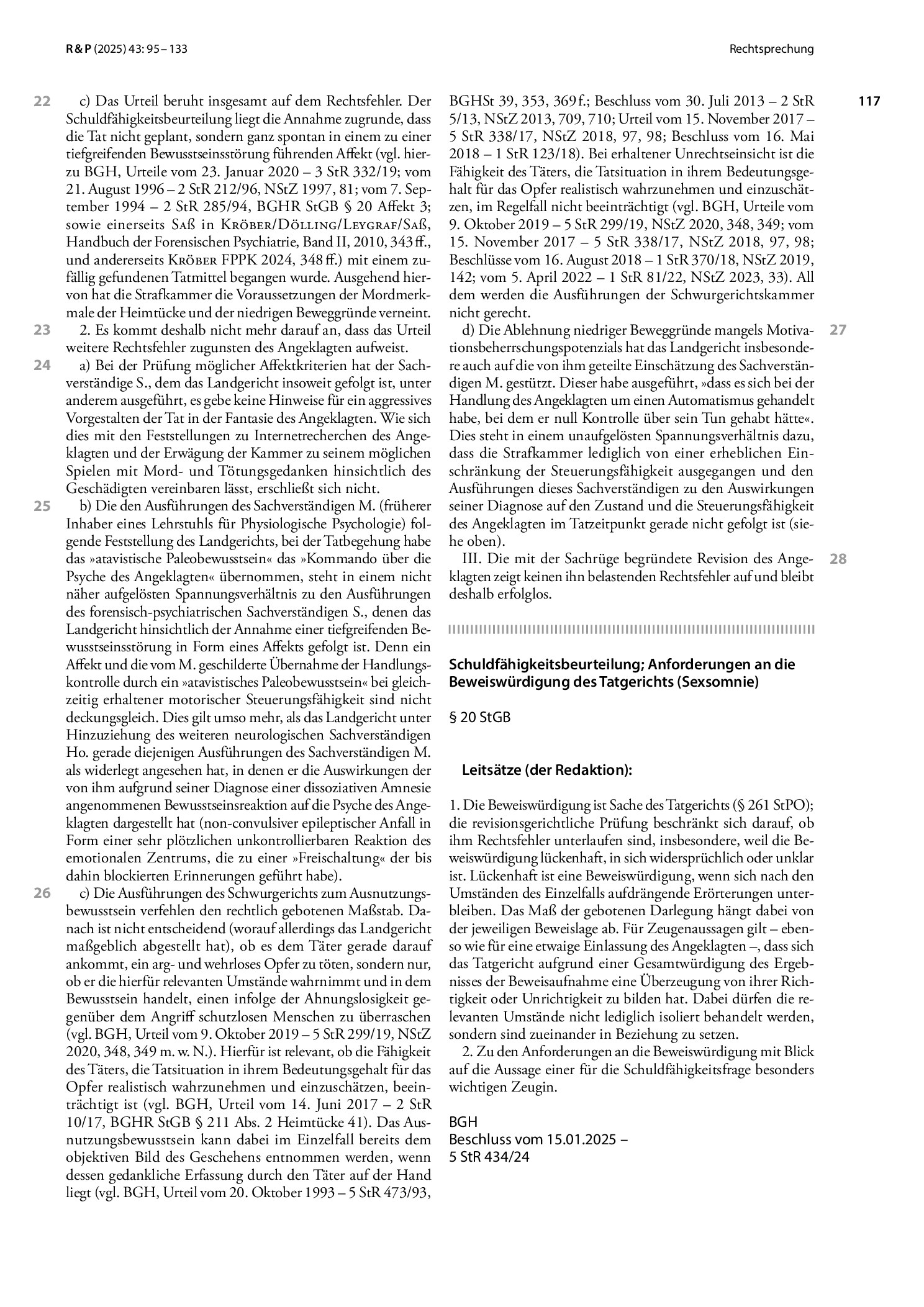 Vorschauseite 1: Schuldfähigkeitsbeurteilung; Anforderungen an die Beweiswürdigung des Tatgerichts (Sexsomnie)