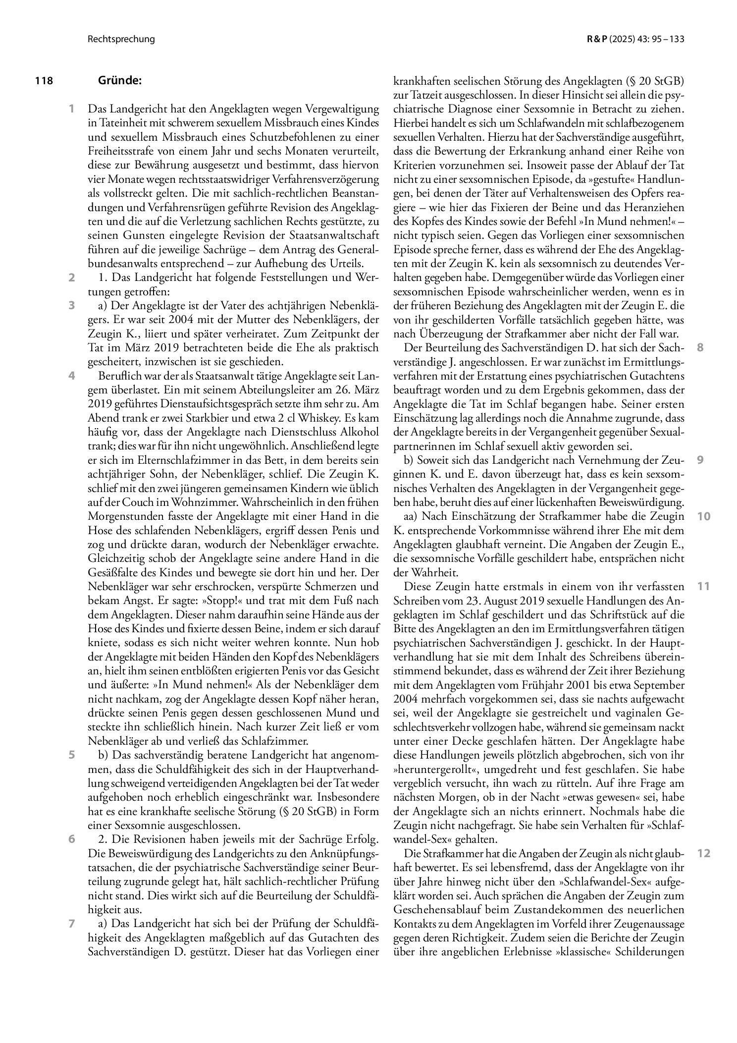 Vorschauseite 2: Schuldfähigkeitsbeurteilung; Anforderungen an die Beweiswürdigung des Tatgerichts (Sexsomnie)