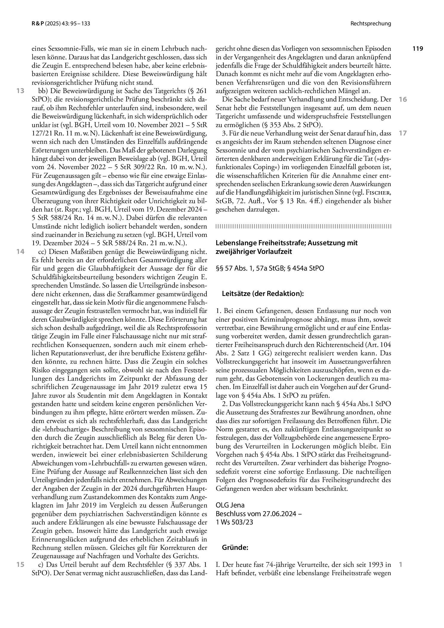 Vorschauseite 3: Schuldfähigkeitsbeurteilung; Anforderungen an die Beweiswürdigung des Tatgerichts (Sexsomnie)