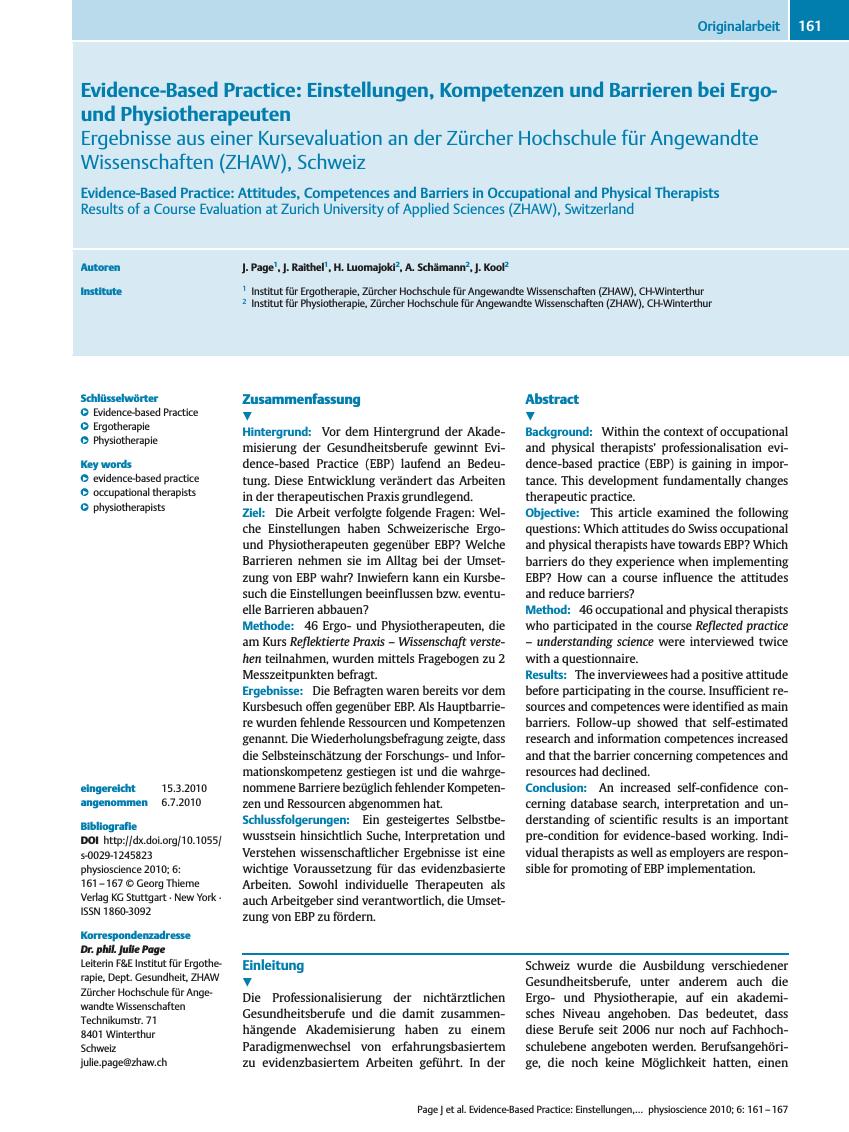 Vorschauseite 1: Evidence-Based Practice: Einstellungen, Kompetenzen und Barrieren bei Ergound Physiotherapeuten