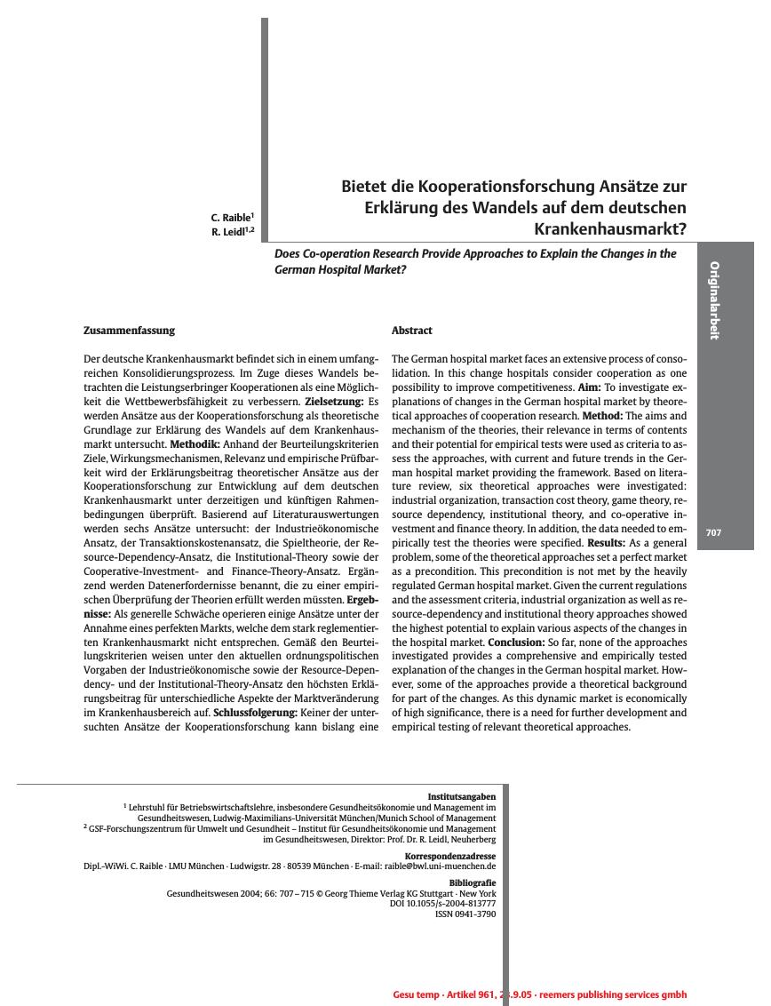 Vorschauseite 1: Bietet die Kooperationsforschung Ansätze zur Erklärung des Wandels auf dem deutschen Krankenhausmarkt?