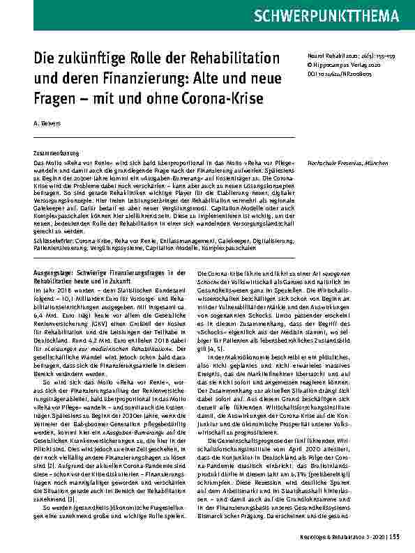 Vorschauseite 1: Die zukünftige Rolle der Rehabilitation und deren Finanzierung: Alte und neue Fragen – mit und ohne Corona-Krise