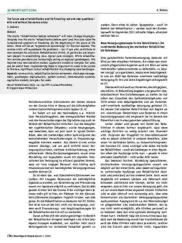 Vorschauseite 2: Die zukünftige Rolle der Rehabilitation und deren Finanzierung: Alte und neue Fragen – mit und ohne Corona-Krise