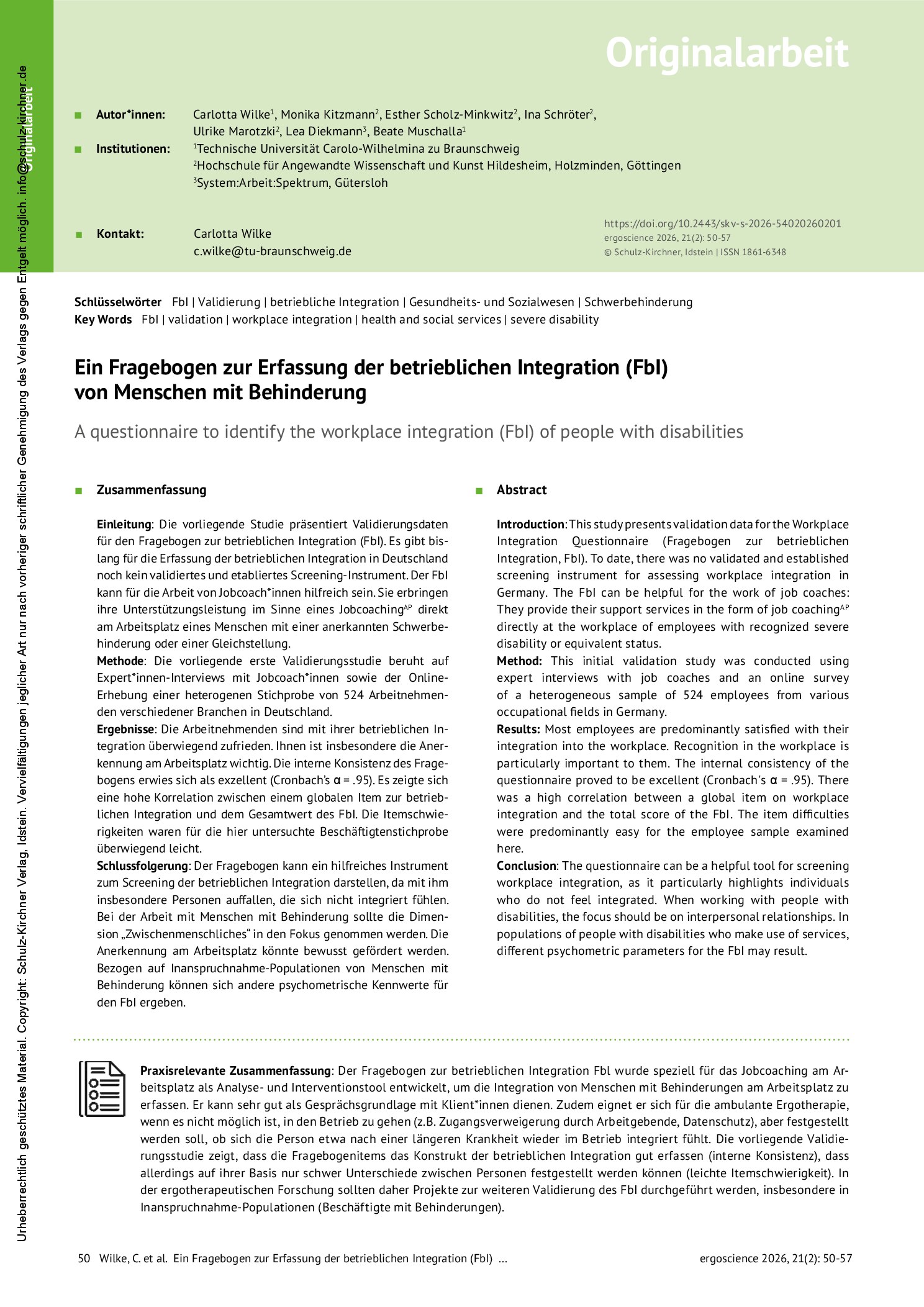 Vorschauseite 1: Ein Fragebogen zur Erfassung der betrieblichen Integration (FbI) von Menschen mit Behinderung