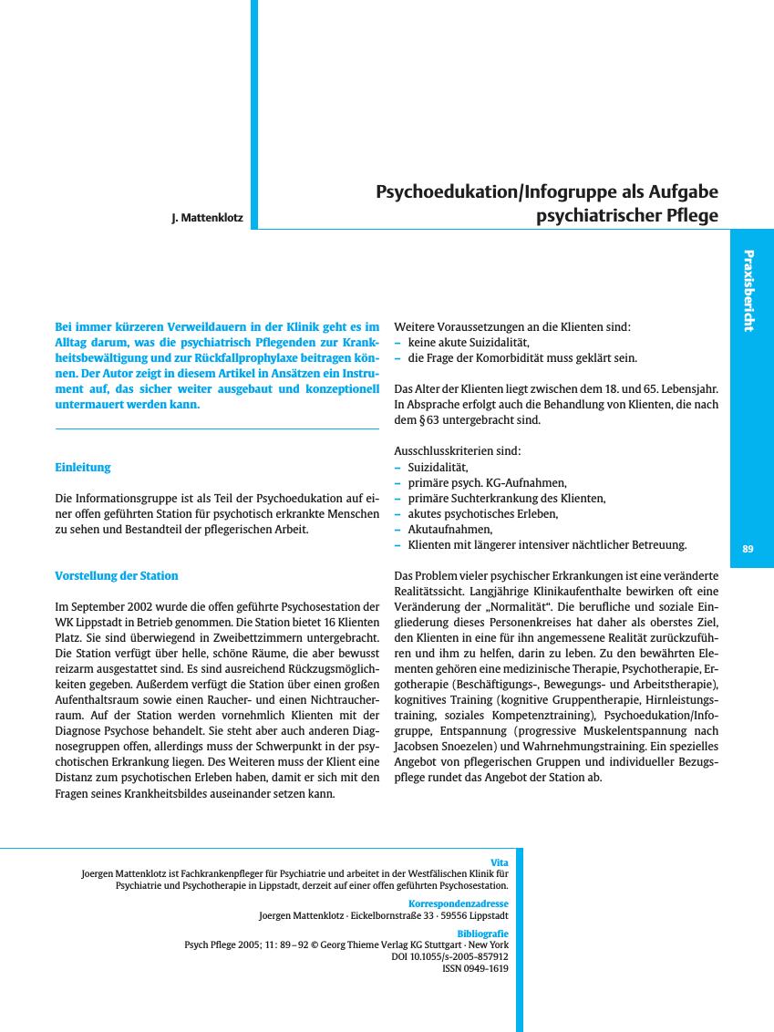 Vorschauseite 1: Psychoedukation/Infogruppe als Aufgabe psychiatrischer Pflege