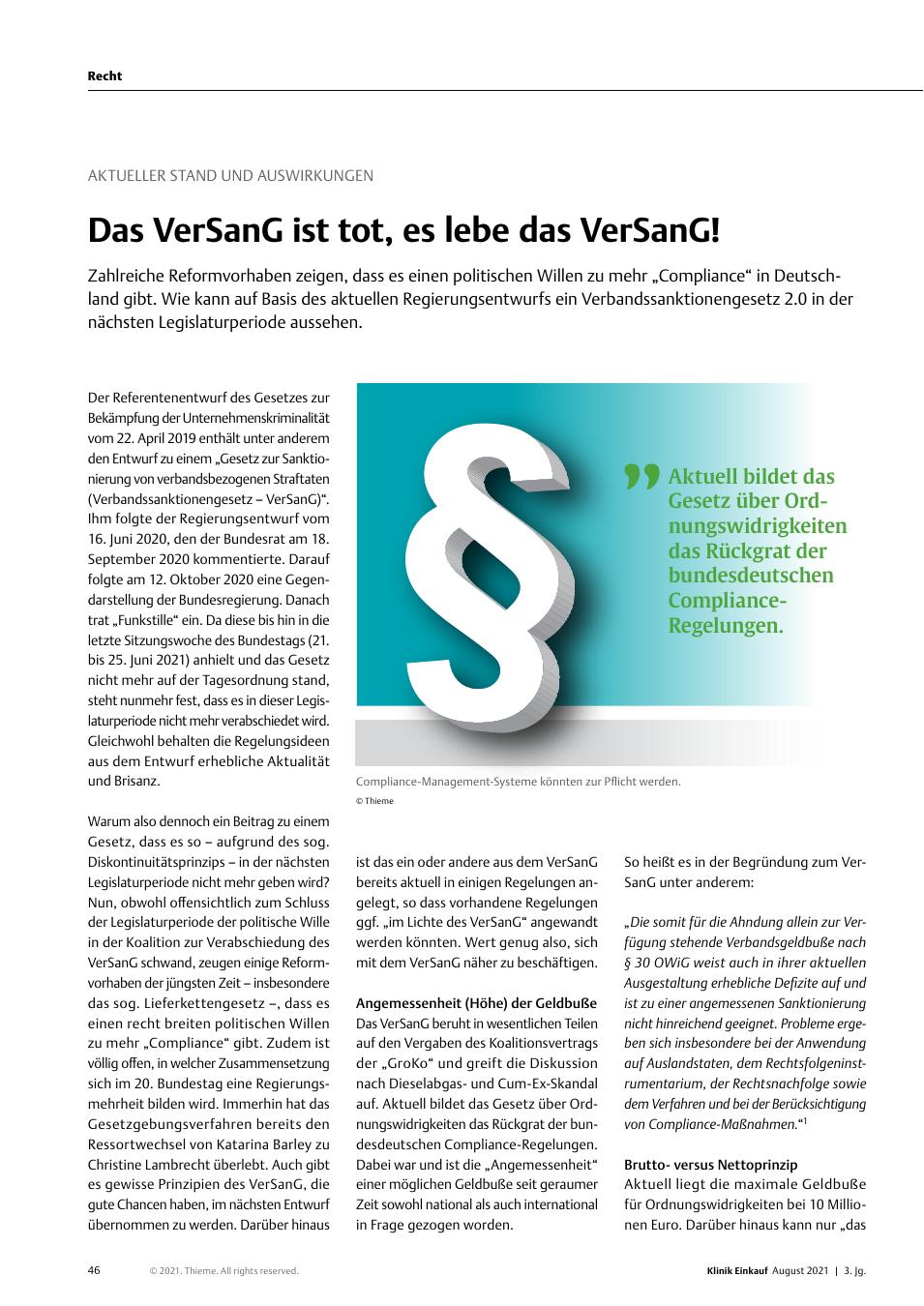 Vorschauseite 1: Aktueller Stand und Auswirkungen: Das VerSanG ist tot, es lebe das VerSanG!