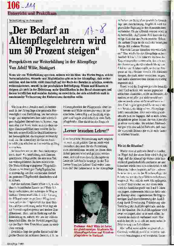 Vorschauseite 1: Der Bedarf an Altenpflegelehrern wird um 50 Prozent steigen Perspektiven zur Weiterbildung in der Altenpflege