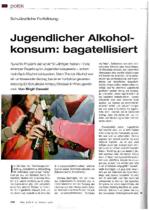 Vorschauseite 1: Jugendlicher Alkoholkonsum: bagatellisiert