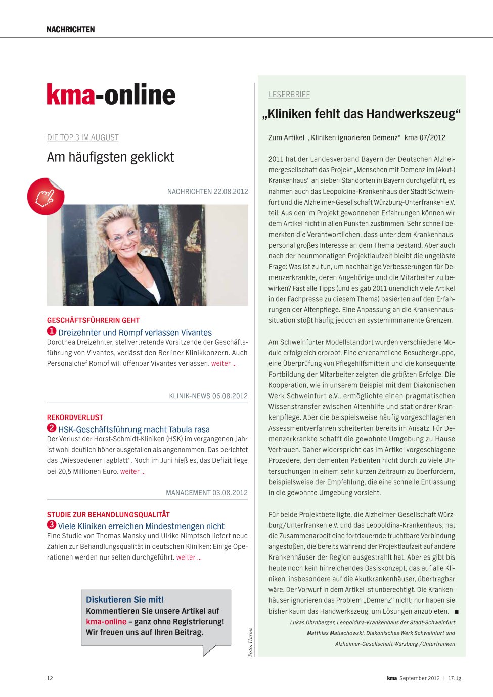 Vorschauseite 1: „Kliniken fehlt das Handwerkszeug“