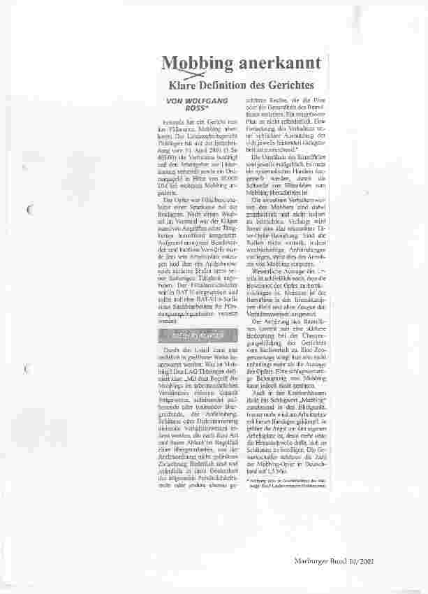 Vorschauseite 1: Mobbing anerkannt Klare Definition des Gerichtes