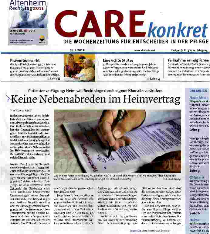 Vorschauseite 1: Patientenverfügung: Heim will Rechtslage durch eigene Klauseln verändernKeine Nebenabreden im Heimvertrag