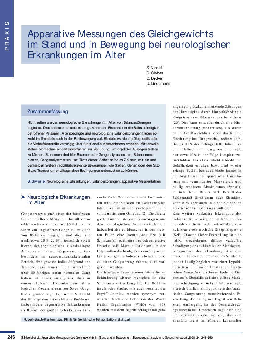 Vorschauseite 1: Apparative Messungen des Gleichgewichts im Stand und in Bewegung bei neurologischen Erkrankungen im Alter