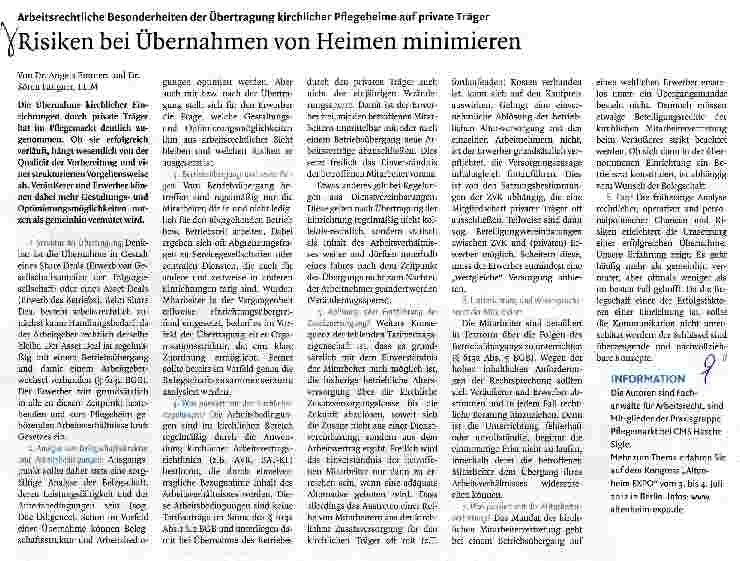 Vorschauseite 1: Risiken bei Übernahmen von Heimen minimieren