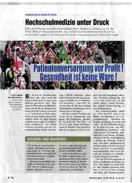 Vorschauseite 1: Patientenversprgung vor Profit! Gesundheit ist keine Ware!