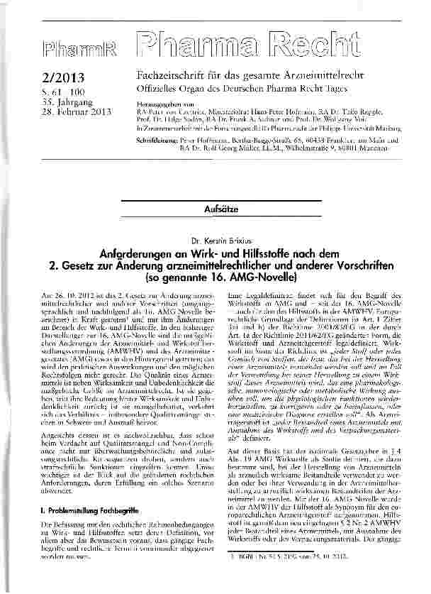 Vorschauseite 1: Anforderungen an Wirkund Hilfsstoffe nach dem 2. Gesetz zur Änderung arzneimittelrechtlicher und anderer Vorschriften(so genannte 16. AMG-Novelle)