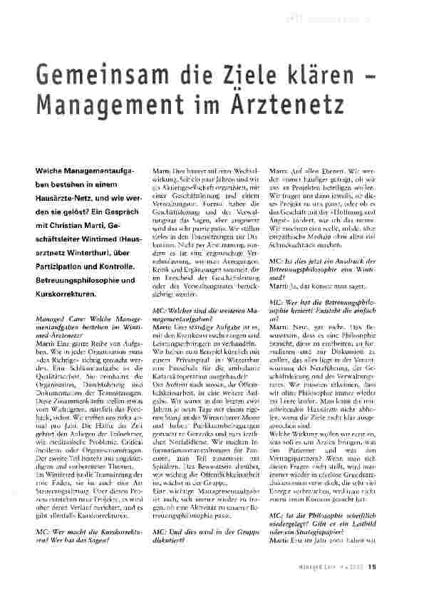 Vorschauseite 1: Gemeinsam die Ziele klären -Management im Ärztenetz