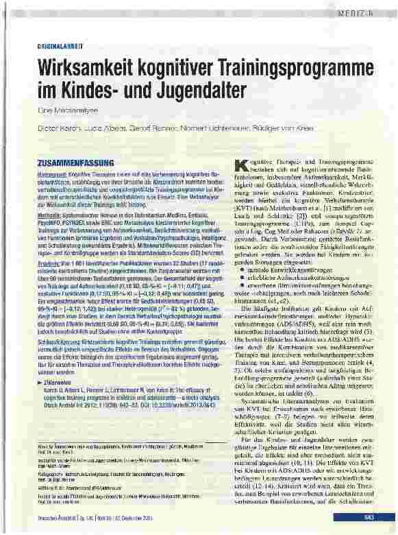 Vorschauseite 1: Wirksamkeit kognitiver Trainingsprogramme im Kindesund Jugendalter