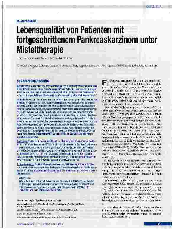 Vorschauseite 1: Lebensqualität von Patienten mit fortgeschrittenem Pankreaskarzinom unter Misteltherapie