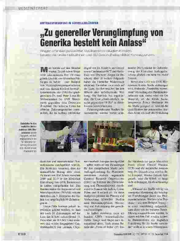 Vorschauseite 1: AUFTRAGSFORSCHUNG IN SCHWEUENLANDERN Zu genereller Verunglimpfung von Generika besteht kein Anlass