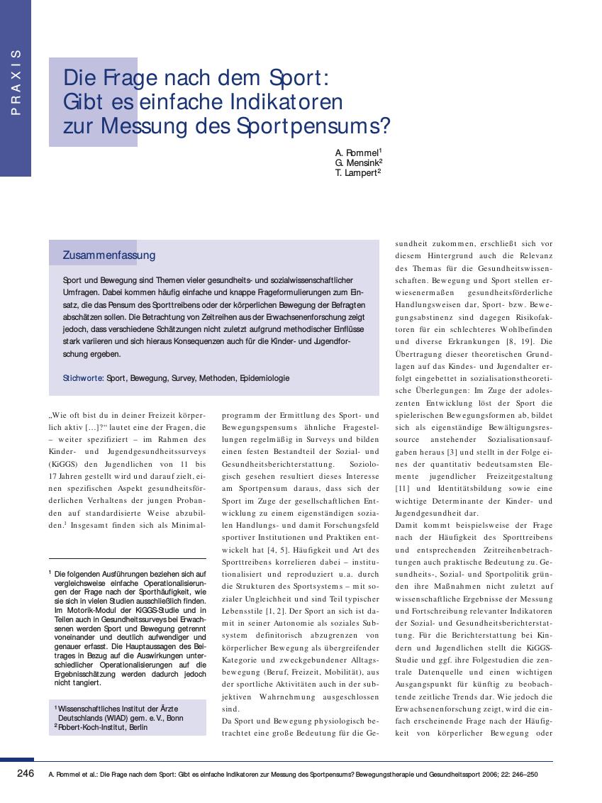 Vorschauseite 1: Die Frage nach dem Sport: Gibt es einfache Indikatoren zur Messung des Sportpensums?