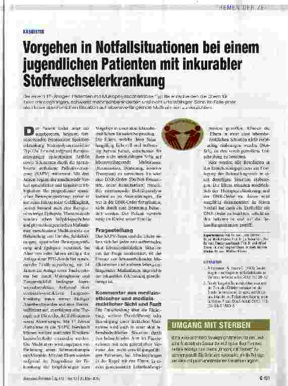 Vorschauseite 1: Vorgehen in Notfallsituationen bei einem jugendlichen Patienten mit inkurabler Stoffwechselerkrankung