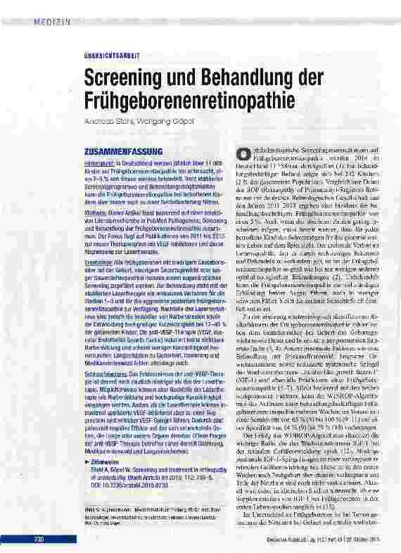 Vorschauseite 1: Screening und Behandlung der Frühgeborenenretinopathie