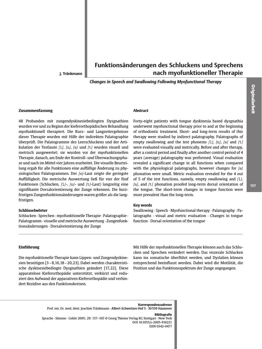 Vorschauseite 1: Funktionsänderungen des Schluckens und Sprechens nach myofunktioneller Therapie