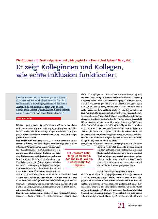 Vorschauseite 1: Ein Student mit Zerebralparese und pädagogischem Hochschuldiplom? Das geht! Er zeigt Kolleginnen und Kollegen, wie echte Inklusion funktioniert.