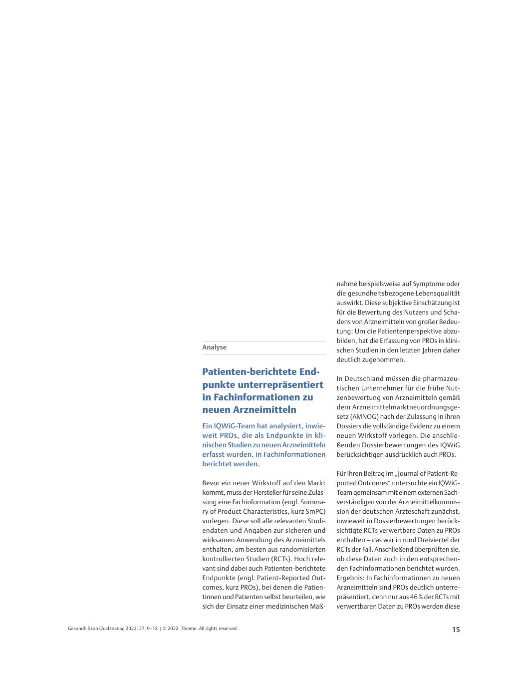 Vorschauseite 1: Analyse – Patientenberichtete Endpunkte unterrepräsentiert in Fachinformationen zu neuen Arzneimitteln