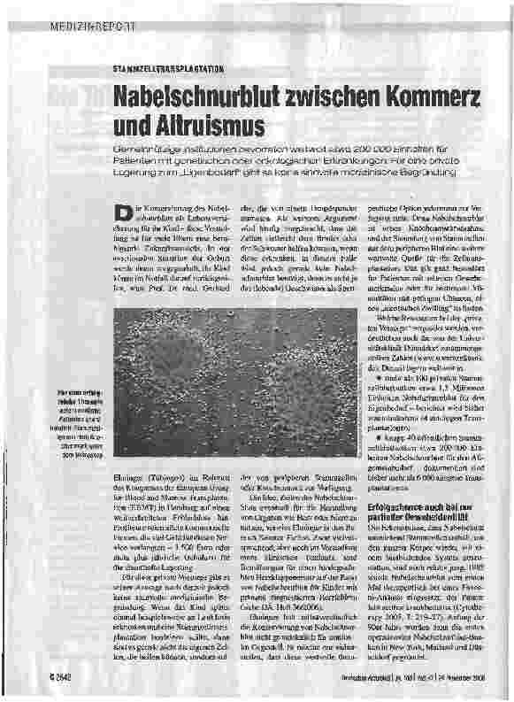 Vorschauseite 1: STAMMZELLTRANSPLANTATIONNabelschnurblut zwischen Kommerz und Altruismus