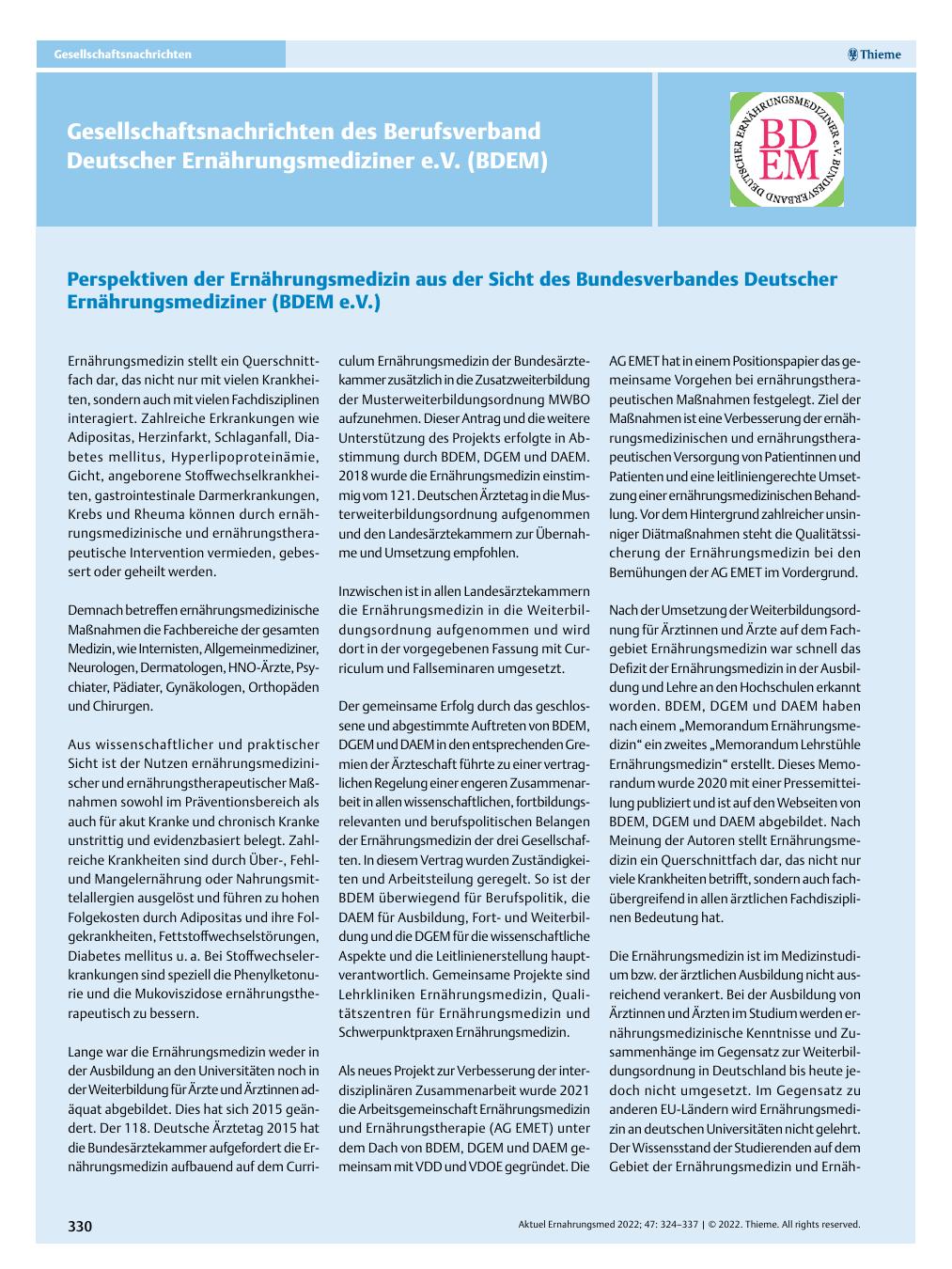 Vorschauseite 1: Gesellschaftsnachrichten des Berufsverband Deutscher Ernährungsmediziner e.V. (BDEM)