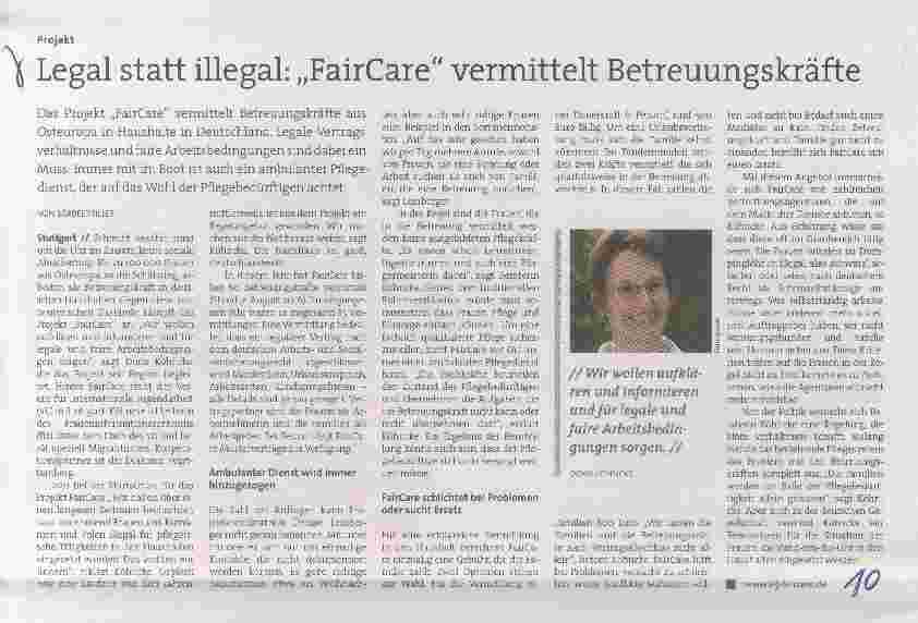 Vorschauseite 1: Legal statt illegal: „FairCare“ vermittelt Betreuungskräfte
