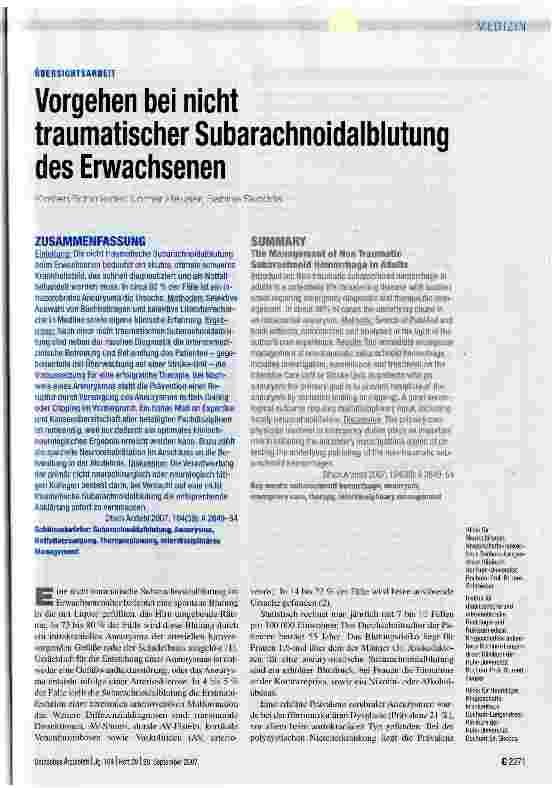 Vorschauseite 1: Vorgehen bei nicht traumatischer Subarachnoidalblutung des Erwachsenen