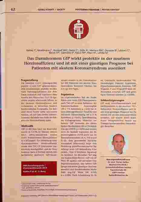 Vorschauseite 1: Das Darmhormon GIP wirkt protektiv in der murinen Herzinsuffizienz und ist mit einer günstigen Prognose bei Patienten mit akutem Koronarsyndrom assoziiert.