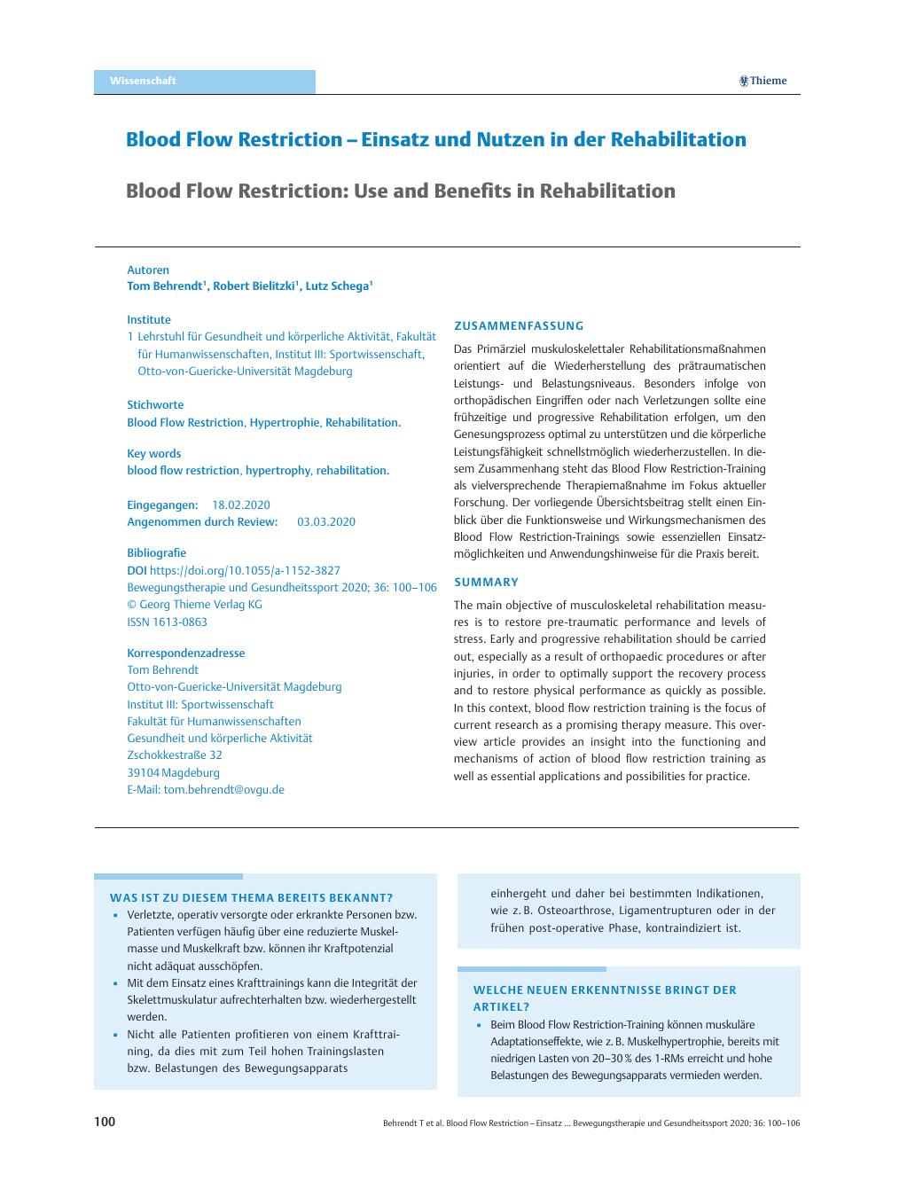 Vorschauseite 1: Blood Flow Restriction – Einsatz und Nutzen in der Rehabilitation