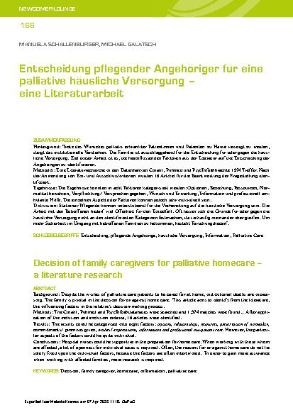 Vorschauseite 1: Entscheidung pflegender Angehöriger für eine palliative häusliche Versorgung – eine Literaturarbeit