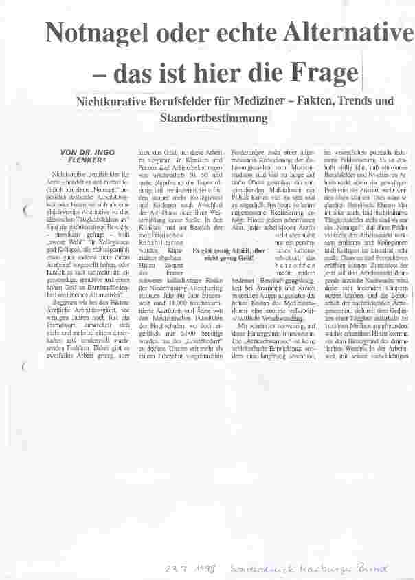 Vorschauseite 1: Notnagel oder echte Alternative - das ist hier die Frage Nichtkurative Berufsfelder für Mediziner - Fakten, Trends und Standortbestimmung