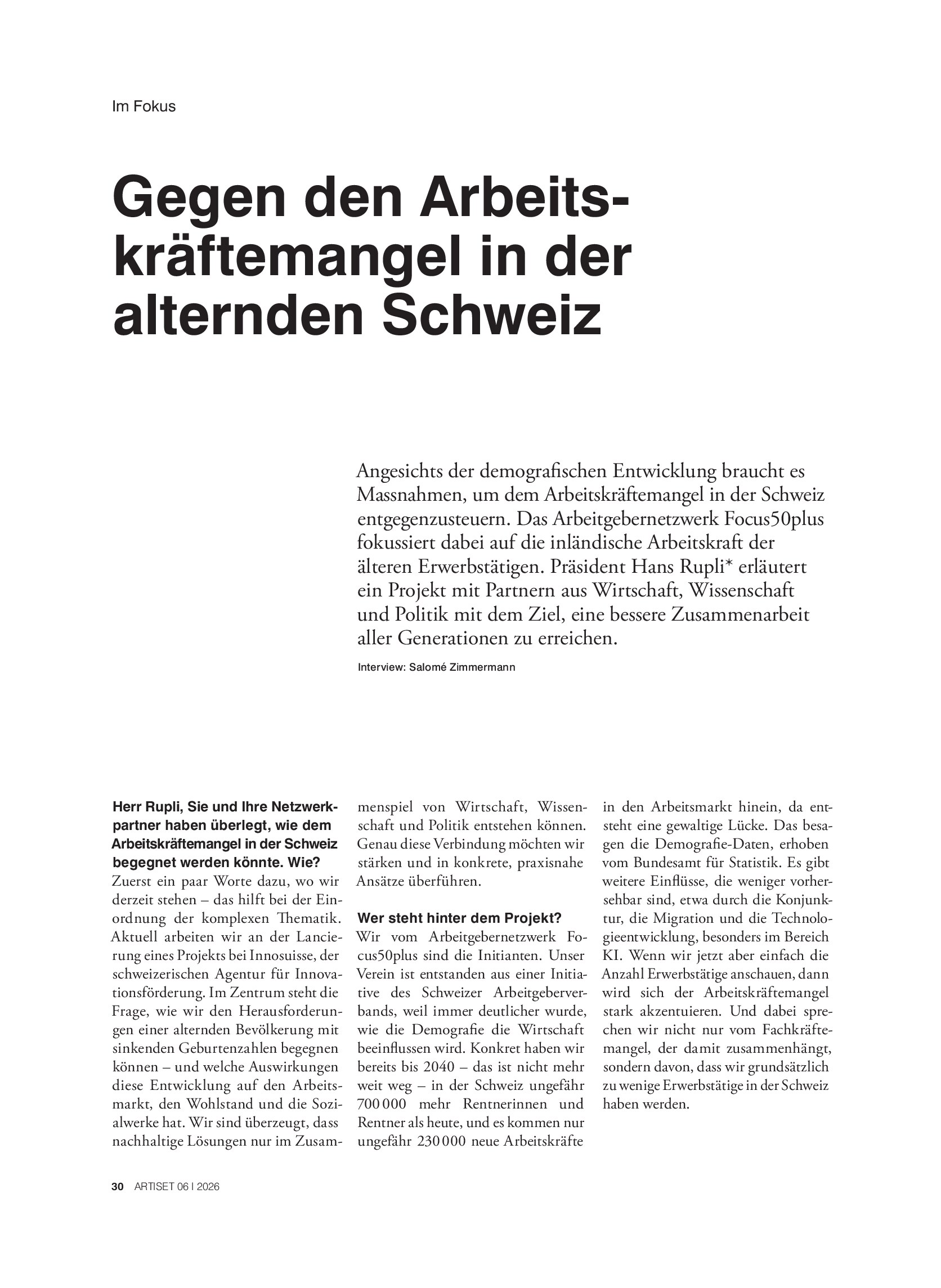 Vorschauseite 1: Gegen den Arbeitskräftemangel in der alternden Schweiz