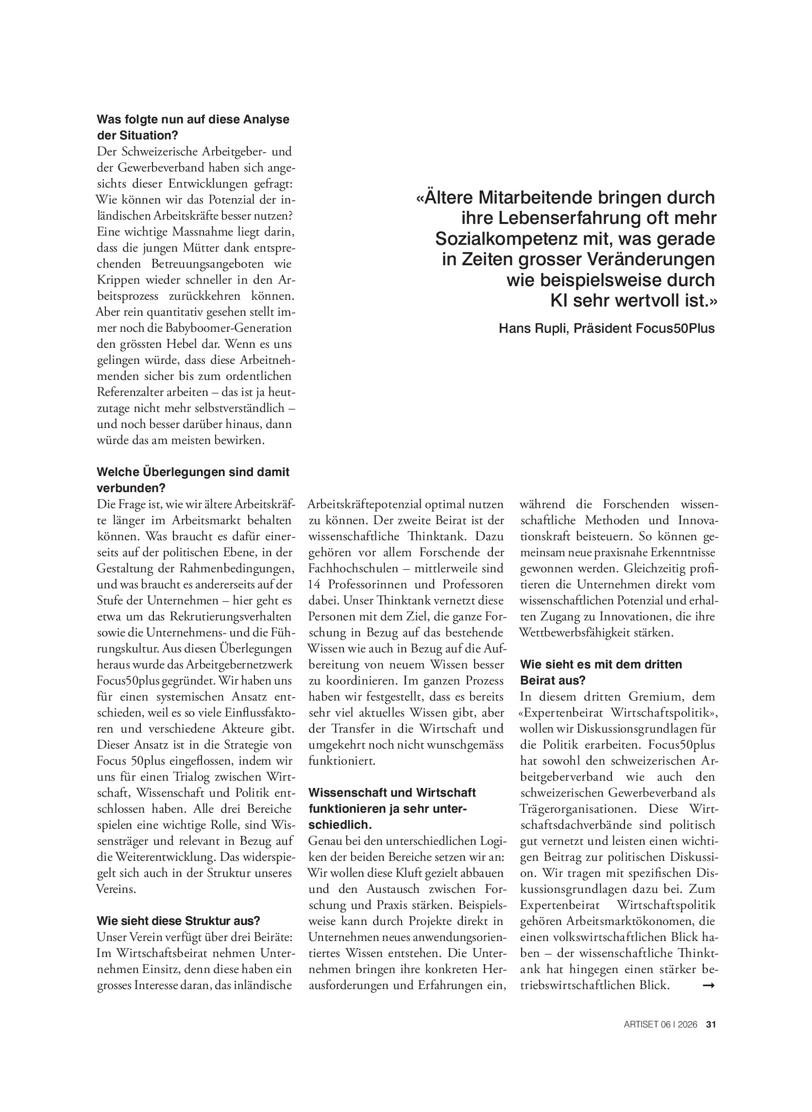 Vorschauseite 2: Gegen den Arbeitskräftemangel in der alternden Schweiz