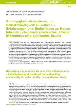 Vorschauseite 1: Abhängigkeit akzeptieren, um Selbstständigkeit zu wahren – Erfahrungen und Bedürfnisse zu Hause lebender, chronisch erkrankter, älterer Menschen: eine qualitative Studie