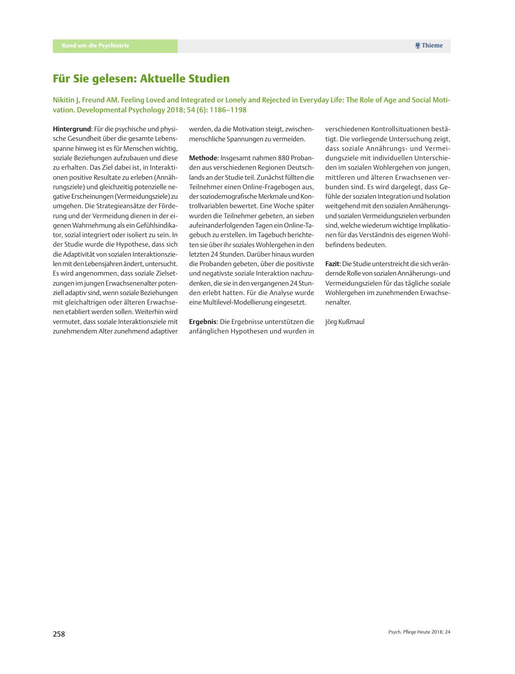 Vorschauseite 1: Für Sie gelesen: Aktuelle Studien: Nikitin J, Freund AM. Feeling Loved and Integrated or Lonely and Rejected in Everyday Life: The Role of Age and Social Motivation. Developmental…