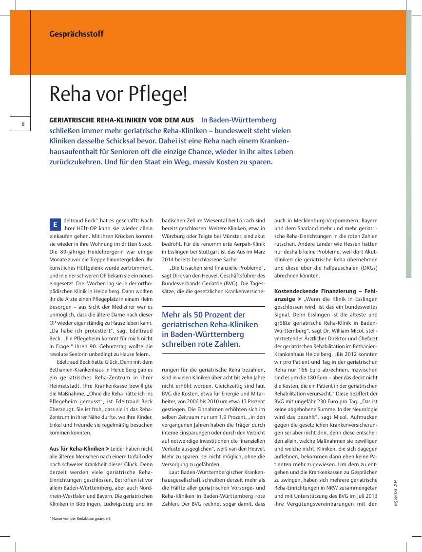 Vorschauseite 1: Geriatrische Reha-Kliniken vor dem Aus ? Reha vor Pflege!