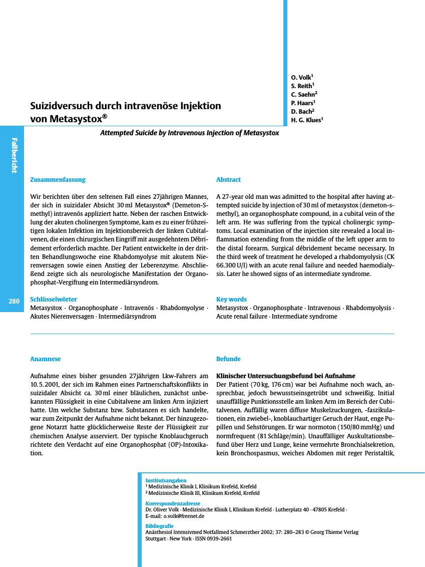 Vorschauseite 1: Suizidversuch durch intravenöse Injektion von Metasystox®