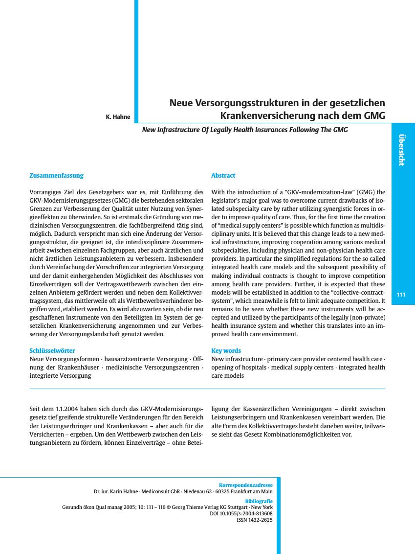 Vorschauseite 1: Neue Versorgungsstrukturen in der gesetzlichen Krankenversicherung nach dem GMG